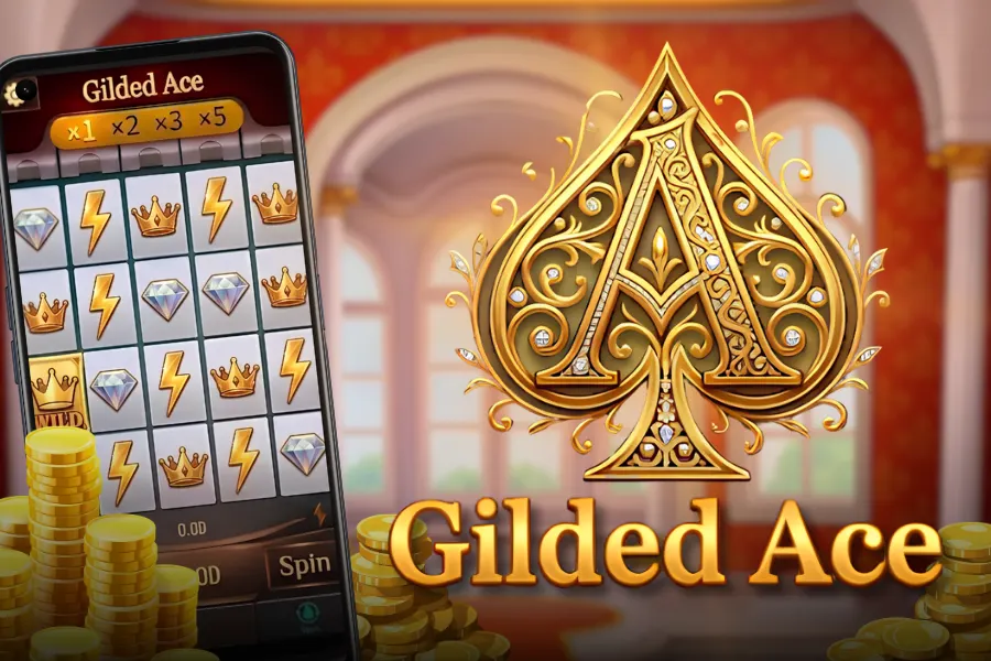 The Gilded Ace slot game on a phone beside the golden ace emblem and stacks of gold coins