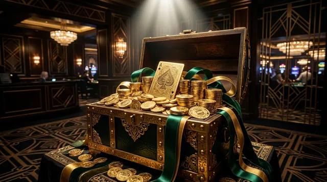 A treasure chest overflowing with gold coins and chips from the daily reward streak